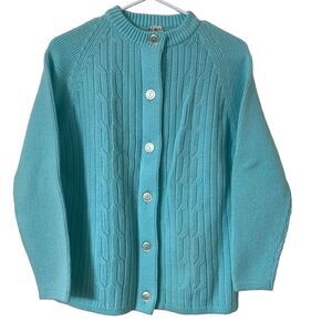 Vintage 70's Dorette Cardigan Sweater Womens Large Blue Cable Knit Crew Neck